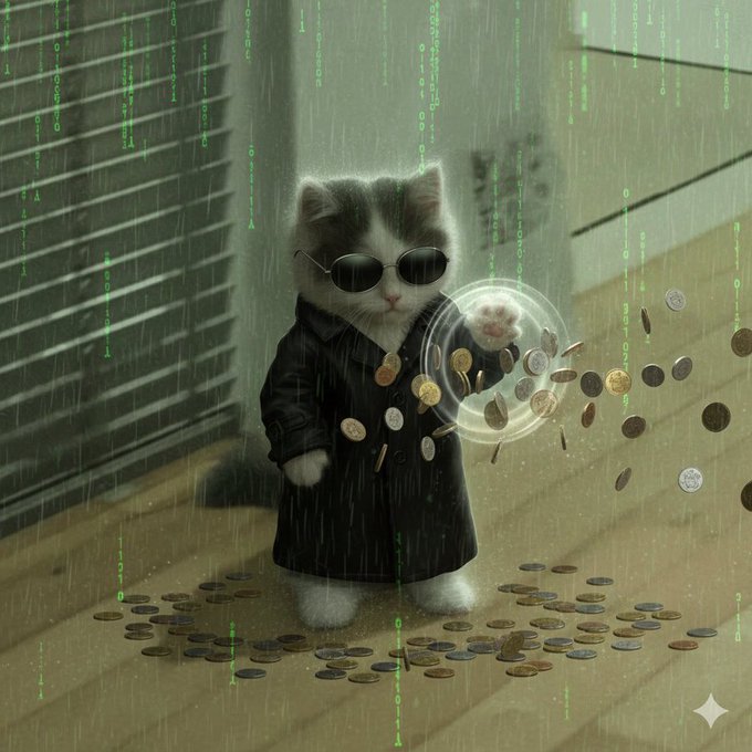A small kitten wearing dark round sunglasses and a black trench coat stands on a wooden floor surrounded by scattered coins, while green digital code resembling the Matrix rains down in the background.