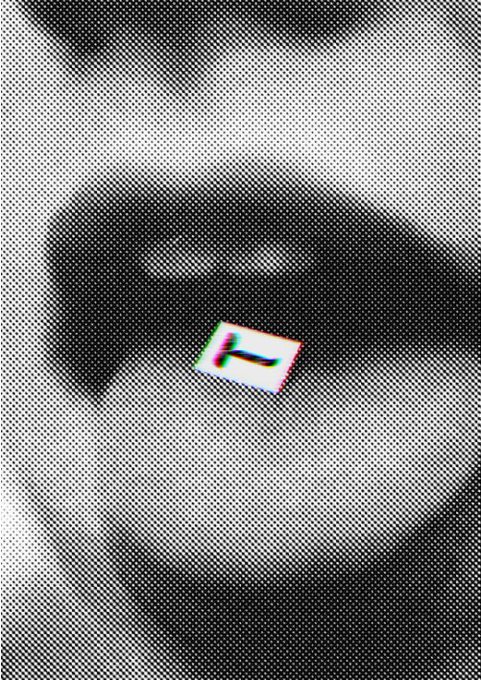 A heavily stylized, high-contrast black and white image with a halftone pattern and chromatic aberration effects, featuring a small distorted object in the center.