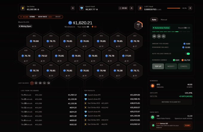 A screenshot of a cryptocurrency mining dashboard displaying 'BTC Vault', 'Epoch Vault', a balance of $1,620.21, and various auto-reload enabled rounds.