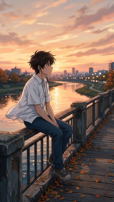 An anime-style illustration of a young man with brown hair sitting on a wooden bridge railing at sunset, looking out over a river toward a distant city skyline.