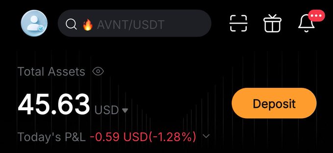 A screenshot of a cryptocurrency exchange account showing a total balance of 45.63 USD with a search bar highlighting the AVNT/USDT trading pair and a daily loss of -0.59 USD (-1.28%), reflecting the modest remaining portfolio value after the user cashed out their SOMI allocation and abandoned the associated NFT ecosystem.