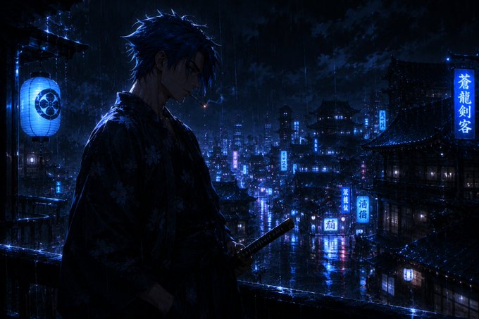 An anime-style illustration shows a blue-haired samurai holding a katana in a rainy, neon-lit traditional Japanese cityscape at night.