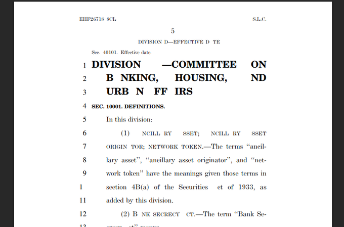 The image shows a page from a legal document labeled "EHF26718 S.L.C." with section "DIVISION D—EFFECTIVE DATE" defining "ancillary asset," "ancillary asset originator," and "network token" under the Bank Secrecy Act, which appears to be part of the Senate's crypto market structure bill. It relates to Eleanor Terrett's post noting that key crypto provisions remain intact in the latest draft.