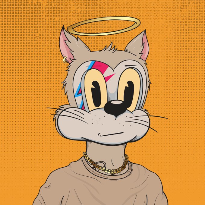 The image features a cartoon cat with a gold chain around its neck, wearing a t-shirt that has the word "DegenToonz" written on it. The cat appears to be looking at the camera or something else out of frame. The background is orange and dotted with circles, which gives the impression of a patterned wall. The caption below the image reads: 
"Alpha always been and always will be @DegenToonz".