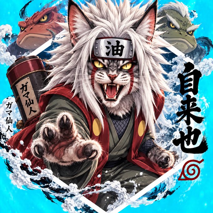 A digital illustration of an anthropomorphic white cat dressed as a ninja, wearing a headband with the kanji "油" (oil), with Japanese text including "自来也" and "ガマ仙人" visible, and two toad characters in the background.