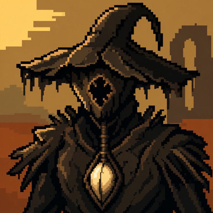 A dark, ominous pixel-art figure wearing a tattered pointed hat with glowing eyes and a central gem stands against a sepia-toned wasteland backdrop, evoking the eerie aesthetic that aligns with the Alterhood NFT collection being promoted in the giveaway post.