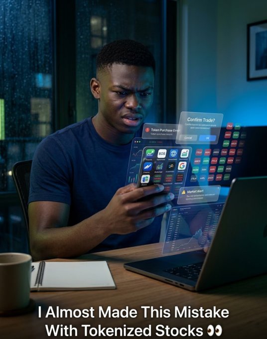 A young man looks at his phone in concern while using a laptop, with holographic trading screens showing 'Confirm Trade?', 'Token Purchase Error', and 'Market Alert' floating above; caption reads 'I Almost Made This Mistake With Tokenized Stocks'.