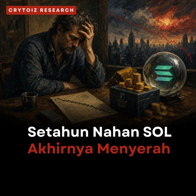 Crypto market commentary image by CRYTOIZ RESEARCH titled "Setahun Nahan SOL Akhirnya Menyerah" (Indonesian for 'A year of holding SOL finally gave up'), depicting a distressed man with a downward Solana chart.