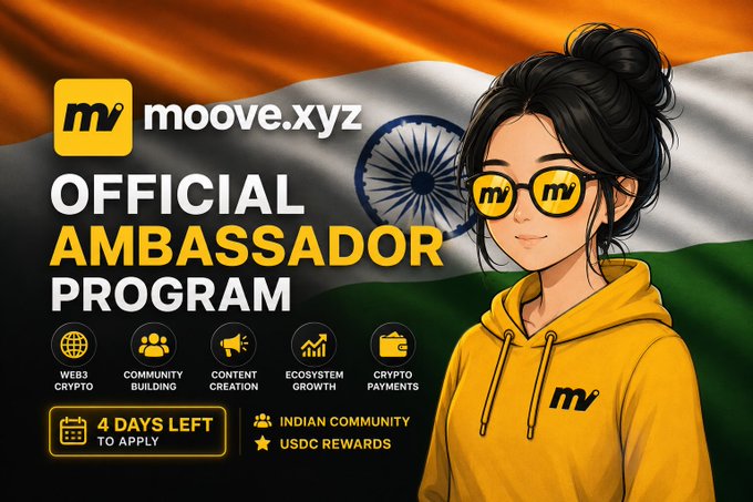 A 'moove.xyz OFFICIAL AMBASSADOR PROGRAM' promotional image featuring an anime character in yellow against an Indian flag background, noting '4 DAYS LEFT TO APPLY' with USDC rewards.