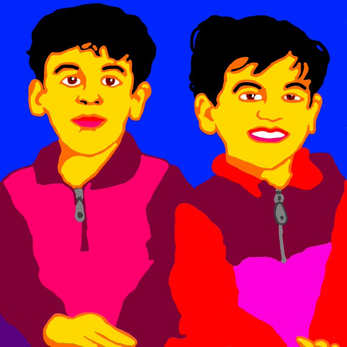 A stylized pop-art illustration depicts two boys with yellow faces against a bright blue background, one wearing a pink shirt and the other a red shirt, both with zippers.