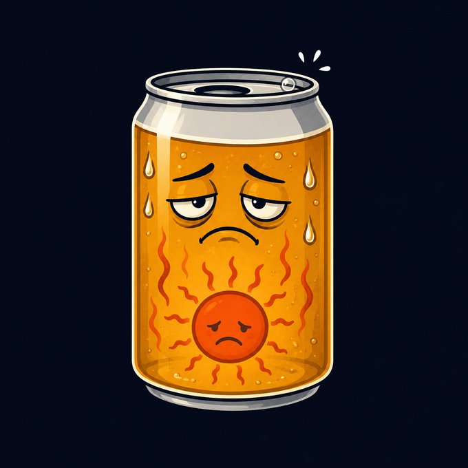 A cartoon illustration of a sweating orange soda can with a sad face, containing a smaller sad sun character surrounded by heat waves inside the can.