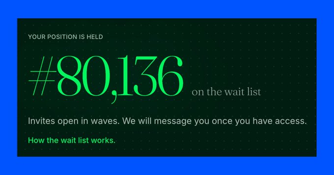 A digital waitlist screen displaying position "#80,136 on the wait list" with the header "YOUR POSITION IS HELD," indicating the user's place in line for Reya's v2 Private Beta, as referenced in the accompanying post about Season 2 of the @reya_xyz platform.