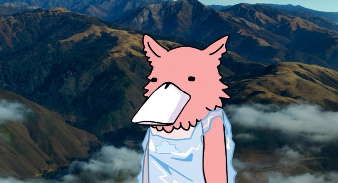 A pink cartoon bird-like character with a large white beak, wearing a light blue tank top with cloud and lightning patterns, superimposed against a scenic aerial view of misty mountains.