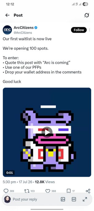 A Twitter post from verified account @ArcCitizens announces a waitlist to enter by quoting "Arc is coming," using an FFP, and dropping wallet address for a chance at one of 100 spots. The accompanying comment criticizes the project for not supporting NFTs and questioning whether participants have read Arc's whitepaper while showing concern over people sharing their wallet addresses.