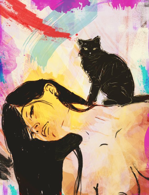 A woman lies with her eyes closed as a black cat sits on her back, surrounded by vivid, abstract brushstrokes. The artwork, titled “Save Me From My Thoughts,” is a unique 1/1 piece marked 77 $xtz on objkt.com.