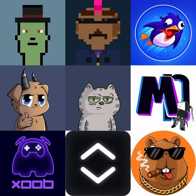 A 3x3 grid of NFT collection thumbnails, featuring pixelated punk avatars, cartoon animals, and gaming mascots—including one image labeled "XOOB" and the VIP3 token logo—visually previews the day's lineup of upcoming mints such as Simple Punks and Robin Gangz.