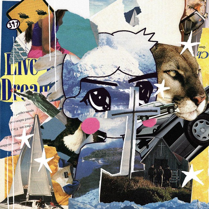 A vibrant mixed-media collage featuring 'Live the Dream' text, an anime-style character, a cougar's face, sailboats, a mountain scene, and scattered star stickers.