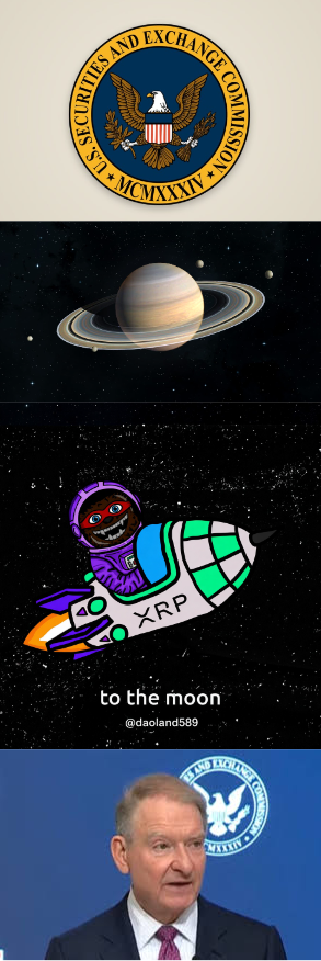 The image shows the SEC seal, Saturn with its rings, an XRP rocket meme labeled "to the moon" with the handle "@daoland589," and a man speaking at what appears to be a government podium. The caption relates to the post by illustrating the concept of XRP's "to the moon" trajectory, where constant total supply becomes increasingly illiquid as ETFs, corporate treasuries, and collateral markets lock away tokens, squeezing available circulation.