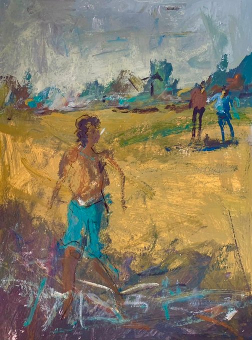 An impressionistic oil painting depicting a figure in a yellow top and blue shorts standing in a sunlit field, with two other figures in the distant background.