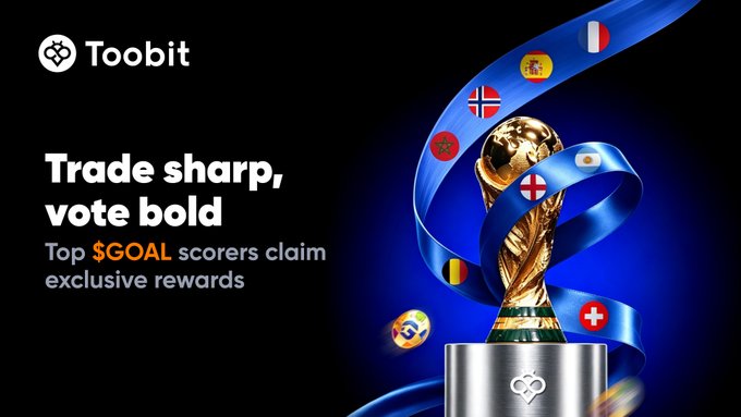 A dark blue promotional banner for "Toobit" exchange with the text "Trade sharp, vote bold," featuring a golden World Cup trophy wrapped in a blue ribbon adorned with various country flags.