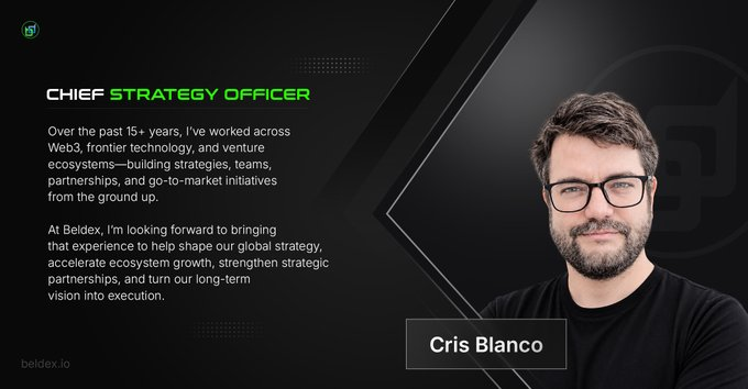 A professional headshot announcement card features Cris Blanco appointed as Chief Strategy Officer at Beldex, with his bio highlighting 15+ years of Web3 ecosystem strategy experience and his role in shaping Beldex's global growth and partnerships.