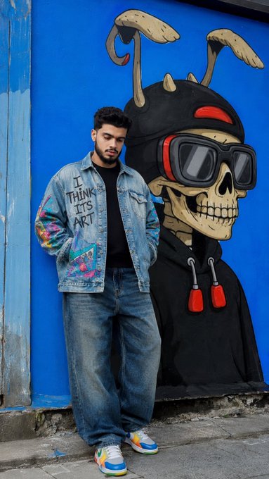 A young man wearing a denim jacket with 'I THINK ITS ART' painted on it, baggy jeans, and colorful sneakers, posing in front of a blue wall with a graffiti mural of a skull wearing goggles and antennae.