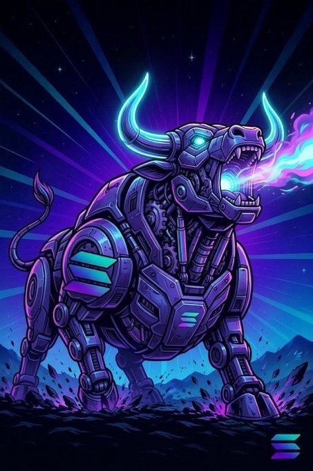A vibrant digital illustration of a robotic, mechanical bull with glowing cyan horns and eyes, breathing purple and blue energy, set against a starry purple background with a small stylized 'E' logo in the bottom right corner.
