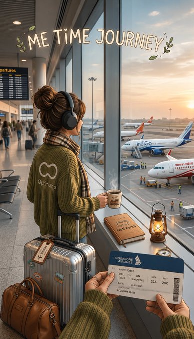 An illustrated travel poster titled "ME TIME JOURNEY" showing a woman with headphones at an airport terminal holding a coffee cup, with a Singapore Airlines boarding pass, suitcase, and airplanes visible through the window.