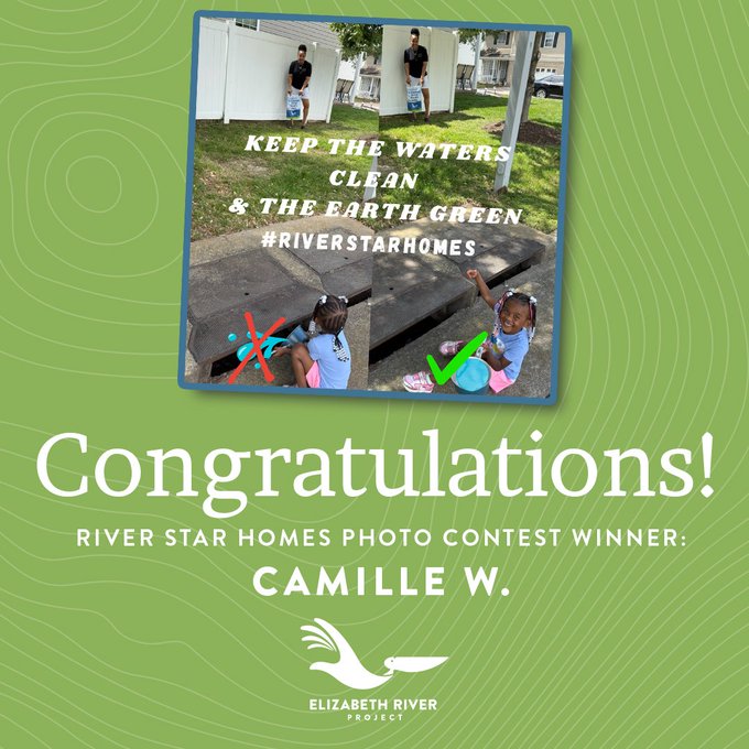 An Elizabeth River Project announcement congratulating Camille W. as the River Star Homes Photo Contest winner, featuring photos of a child cleaning up litter with the message "Keep the waters clean & the earth green #RiverStarHomes".