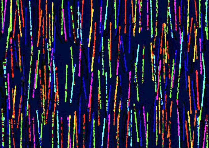 An abstract artwork featuring vertical, dripping streaks of neon colors (red, green, blue, pink, yellow) against a dark navy blue background.