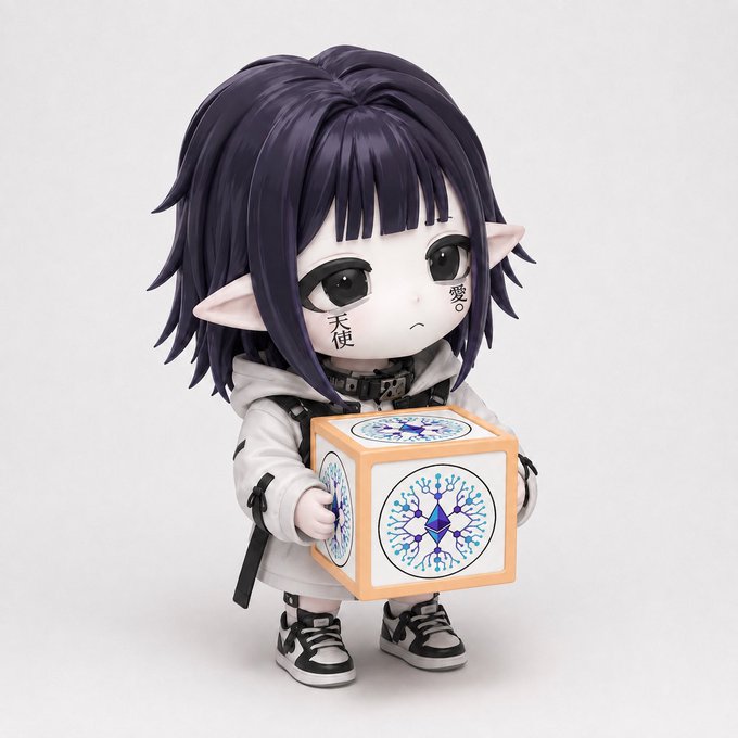A 3D-rendered chibi-style figure of a character with dark purple hair, pointed elf-like ears, and Japanese characters '天使' (angel) and '零0' on their face, wearing a white hoodie and holding a decorative cube.