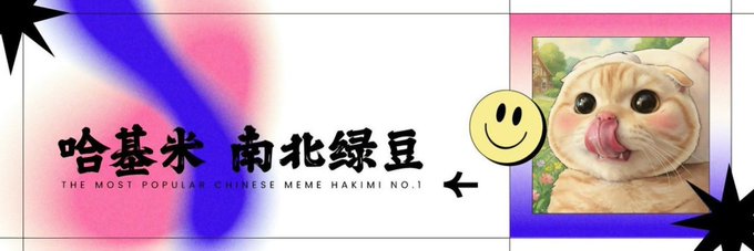 A meme graphic featuring a cat licking its lips with the text '哈基米 南北绿豆' and 'THE MOST POPULAR CHINESE MEME HAKIMI NO.1' in black brushstroke font on a colorful gradient background.