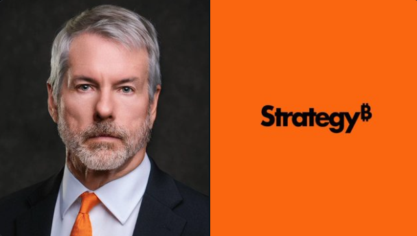 A distinguished gray-haired executive in a dark suit and orange tie poses against a dark backdrop beside the bold orange "Strategy" logo, visually anchoring the company's Bitcoin treasury achievements—including 843,775 BTC holdings and $3.75 billion in cash reserves—as a serious, fortress-like financial operation rather than market noise.