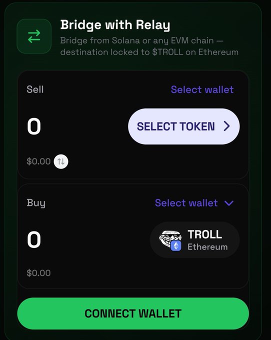 A cryptocurrency interface titled "Bridge with Relay" allows users to bridge tokens from Solana or any EVM chain to $TROLL on Ethereum, with options to select wallets and connect.