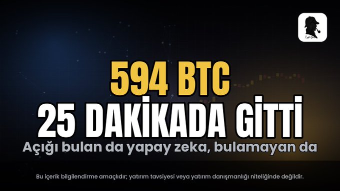 A bold graphic in Turkish with yellow and white text on a dark background reads "594 BTC 25 DAKİKADA GİTTİ" (594 BTC gone in 25 minutes), with a subtitle "Açığı bulan da yapay zeka, bulamayan da" (Both the one who found the vulnerability and the one who couldn't were AI) and a disclaimer stating the content is for informational purposes only, not investment advice. The image directly illustrates the post's shocking revelation that 594 BTC (~$38 million) were stolen in just 25 minutes due to a critical security flaw in older Coldcard hardware wallets.