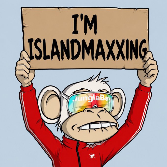 A cartoon monkey wearing sunglasses with "JungleBay" written on the lenses holds a sign reading "I'M ISLANDMAXXING".