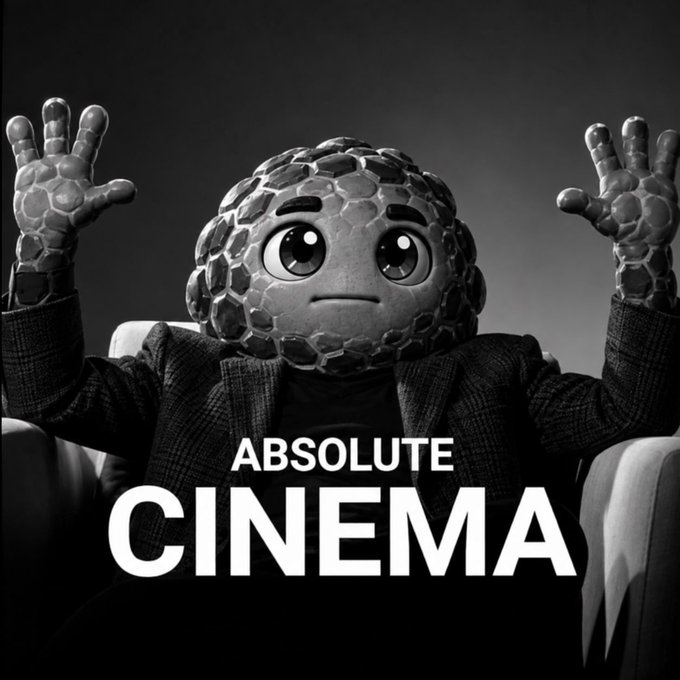A black-and-white meme image of a turtle-like character with raised hands captioned 'ABSOLUTE CINEMA'.