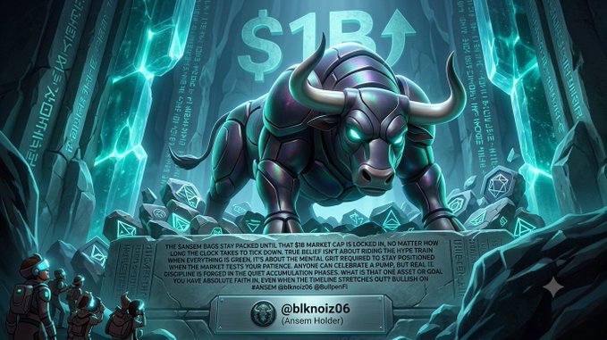 A digital artwork depicting a purple mechanical bull in a glowing teal cavern with '$1B' overhead, crediting @blknoiz06 as an Anselm Holder.