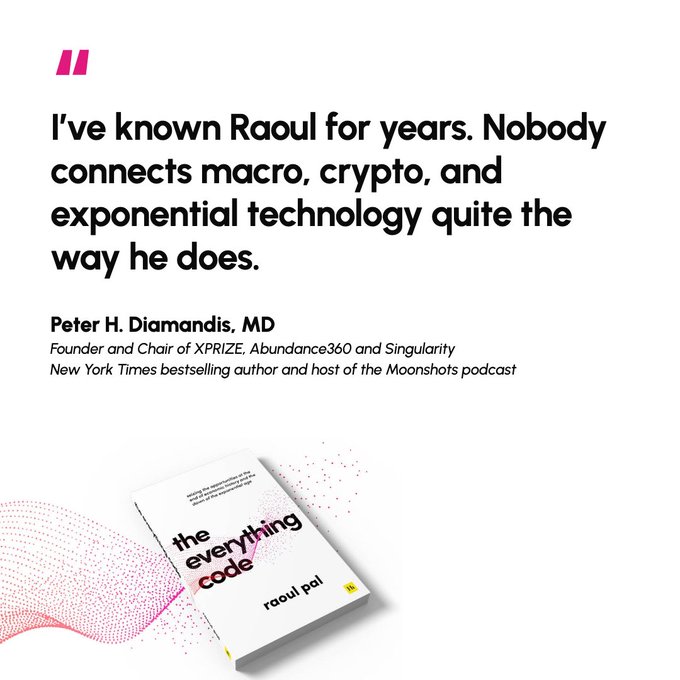 A promotional image features a testimonial quote from Peter H. Diamandis, MD praising Raoul Pal for uniquely connecting macro, crypto, and exponential technology, displayed above the book cover of "The Everything Code" by Raoul Pal. The accompanying post expresses gratitude for the endorsement and highlights the book's central thesis that macroeconomics, cryptocurrency, and exponential technologies are interconnected.