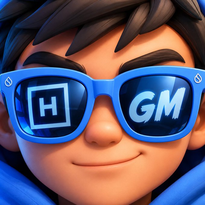A cartoon-style character with dark hair and a confident smile wears bright blue sunglasses reflecting the letters "H" and "GM," visually embodying the post's "GM Sui～" greeting and #Hashi hashtag as a stylish, on-chain daily look.