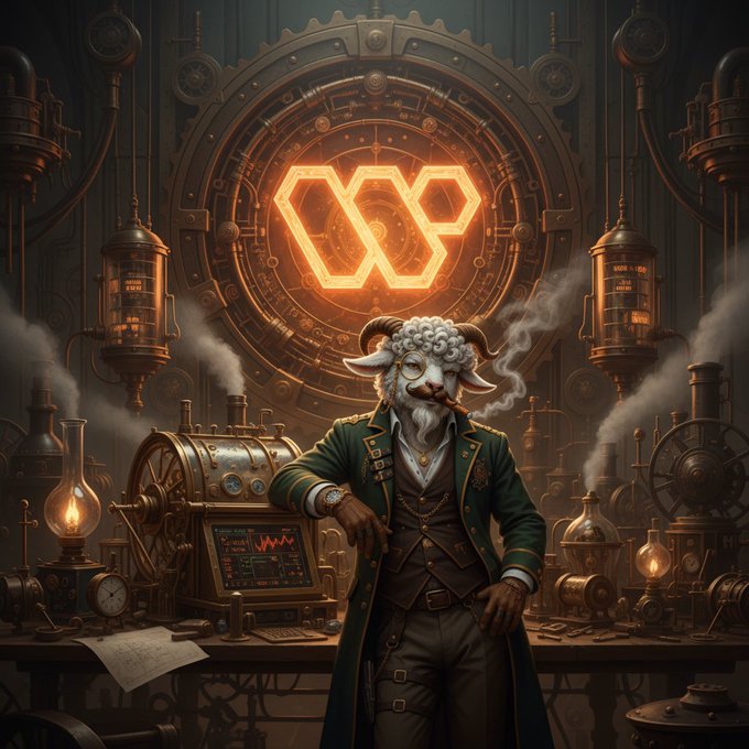 The image depicts an anthropomorphic goat standing at a desk with various objects, including a computer monitor, keyboard, mouse, and a book. The goat has a beard and is smoking a pipe while looking directly at the camera. In the background, there are two clocks on the wall, one near the top left corner and another towards the bottom right corner of the image. A person can be seen in the background as well, but their face is not visible due to the focus on the goat and its surroundings. The post that this image appears to be a part of has been flipped upside down, with the title "wallchain" at the top and the word "@wallchain" at the bottom right corner.