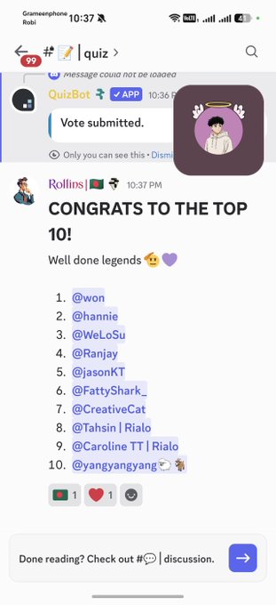 A Discord message from "Rollins" congratulates the "TOP 10!" of a quiz, listing usernames including @won, @hannie, @WeLoSu, @Ranjay, @jasonKT, @FattyShark_, @CreativeCat, @Tahsin | Rialo, @Caroline TT | Rialo, and @yangyangyang.