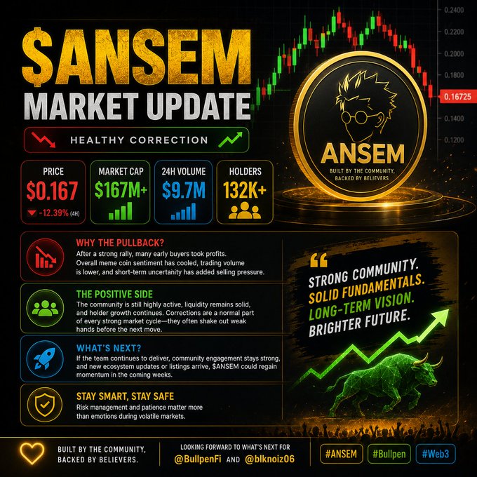 A '$ANSEM MARKET UPDATE' graphic shows a price of $0.167 (down 12.39%), market cap of $167M+, 24H volume of $9.7M, and 132K+ holders, labeled as a 'HEALTHY CORRECTION.'