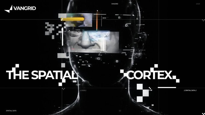 A digital artwork featuring a face with glitch effects and text reading 'THE SPATIAL CORTEX' and 'VANGRID' on a black background.