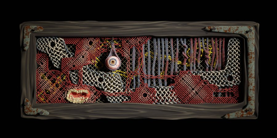 A pixel art rendering of a face partially obscured by woven red and gray netting, featuring a single visible eye and a mouth with prominent teeth, all framed by a weathered border.