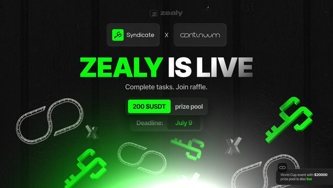 A promotional graphic announces "ZEALY IS LIVE" with a collaboration between Syndicate and c8ntinuum, featuring a 200 SUSDT prize pool raffle with a deadline of July 9, alongside their $20,000 World Cup event. The image complements the post's announcement of a new quest campaign on Zealy with green-tinted chains and key graphics against a dark background.