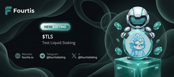 The image features a green test liquid listing with a robot figure holding an orb above it. The text at the bottom of the image reads "4tis Express Listing - TLS @tls_flap Test Liquid Staking ( #TLS ) fourtis.io/token-details/ ... CA: 0x0598075dc4d1c9484daa80c62313aad39fc77777 PRICE: $0.0006093". This is the post that contains the image and text, giving viewers a better understanding of what this new listing entails.