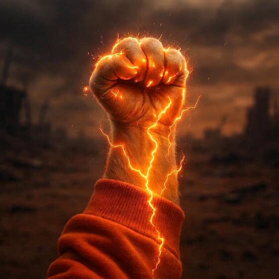 The image features a close-up view of an orange sweater with a lightning bolt design, symbolizing a powerful fist or fist of fire. The background shows a dark sky filled with clouds, which adds intensity to the overall theme of the photo. The caption reads "People are going crazy about $DOG", suggesting that the image is related to a popular internet meme or trend involving dogs and a brand name.