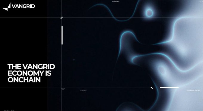 A digital advertisement displays 'VANGRID' with the tagline 'THE VANGRID ECONOMY IS ONCHAIN' against a dark background featuring abstract, glowing blue fluid-like patterns.