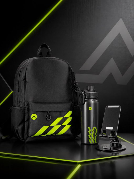 A promotional product photo featuring a black backpack with neon green accents, accompanied by a matching black water bottle and a phone stand, all displayed against a dark background with green geometric lines.
